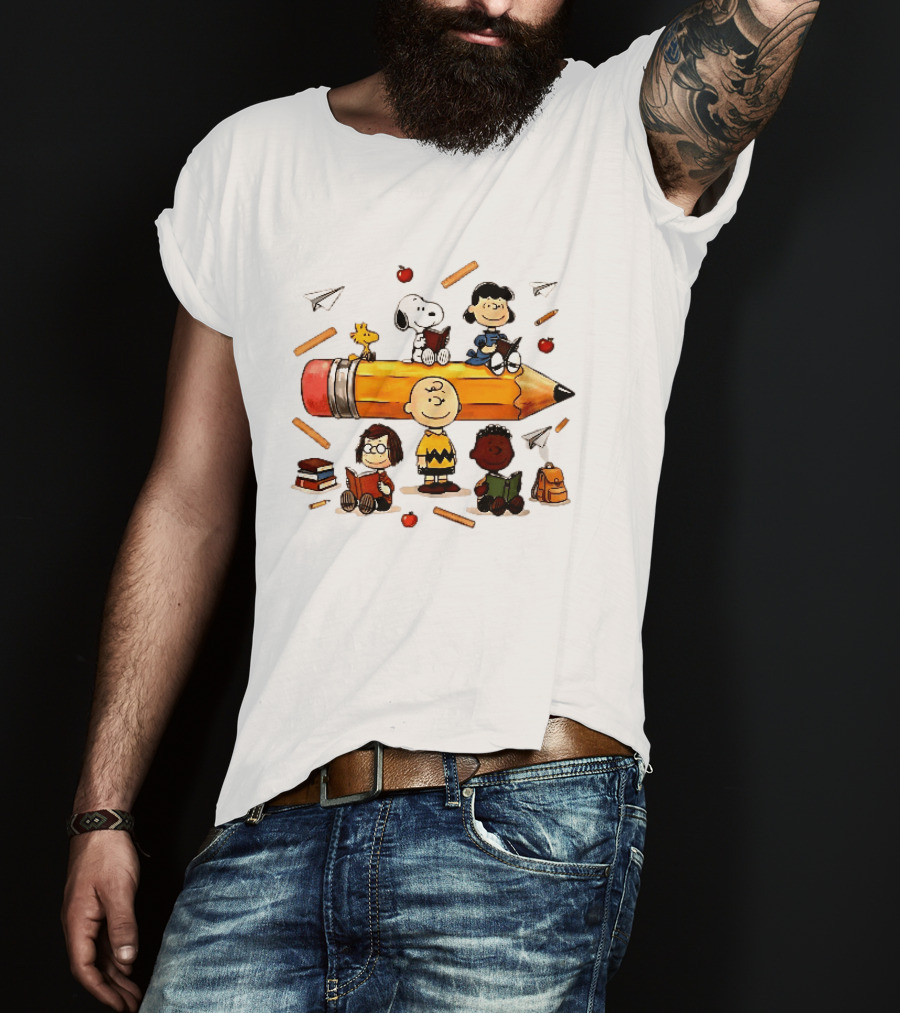 Charlie's Giant Pencil Peanuts Cartoon School Supplies Snoopy Woodstock T-Shirt