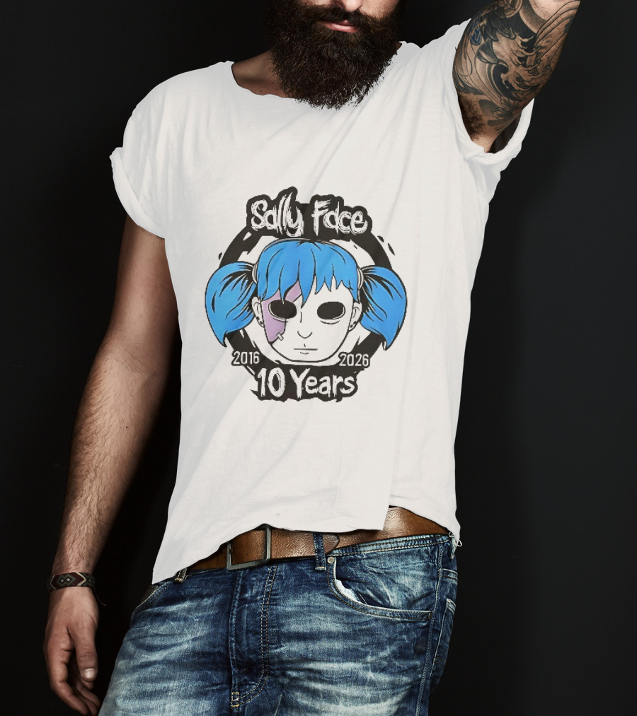 Sally Face 2016 2026 10 Years Cartoon Blue Hair Masked Character Anniversary T-Shirt