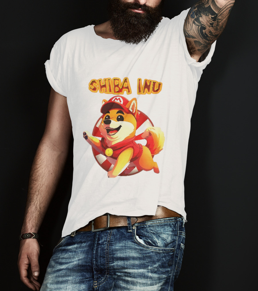 Shiba Inu Cartoon Dog Mario Red Cap Vest Running Striped T-Shirt