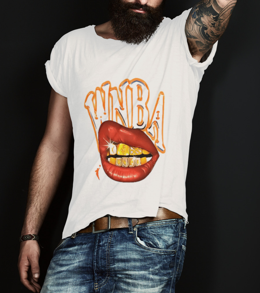 WNBA Red Lips Gold Teeth Grillz Glowing Chrome Lettering T-Shirt