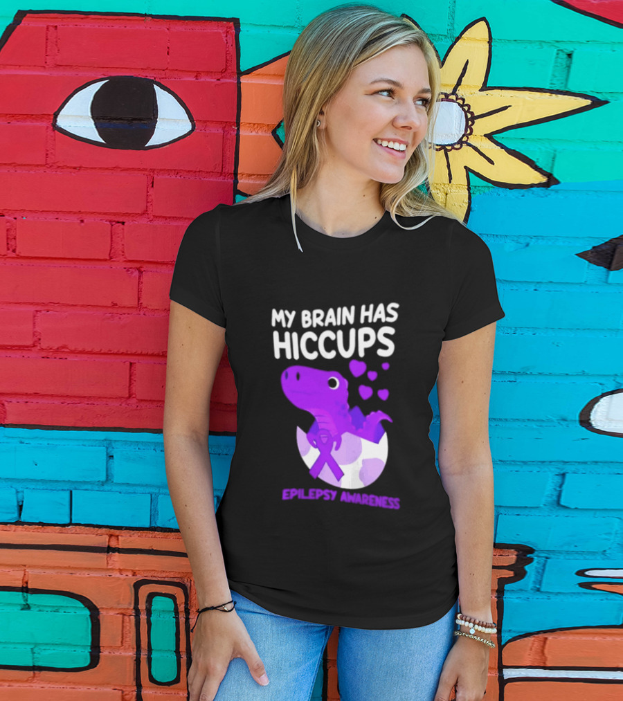 My Brain Has Hiccups Epilepsy Awareness Dinosaur Purple Ribbon Eggshell Hearts T-Shirt