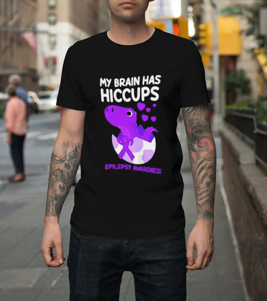My Brain Has Hiccups Epilepsy Awareness Dinosaur Purple Ribbon Eggshell Hearts T-Shirt
