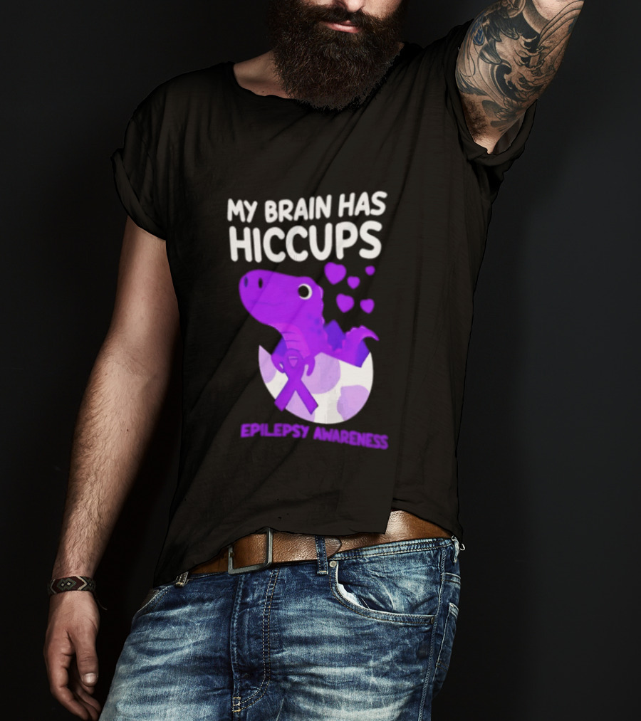 My Brain Has Hiccups Epilepsy Awareness Dinosaur Purple Ribbon Eggshell Hearts T-Shirt