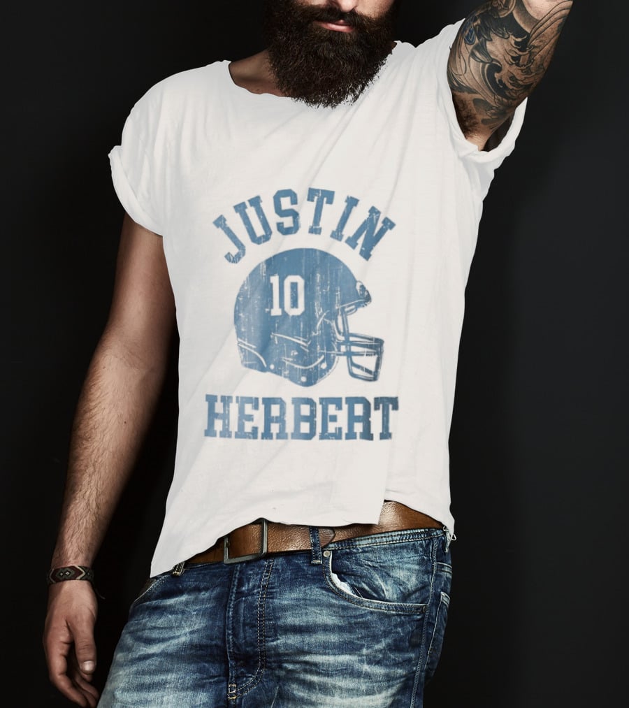 Justin Herbert Distressed Light Blue Football Helmet Number 10 T-Shirt