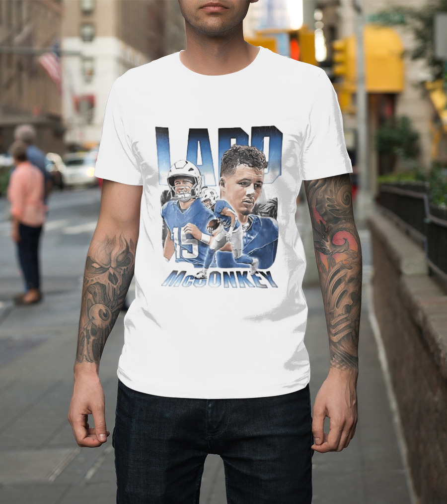 Ladd McConkey Number 15 Football Player Blue Jersey Collage T-Shirt