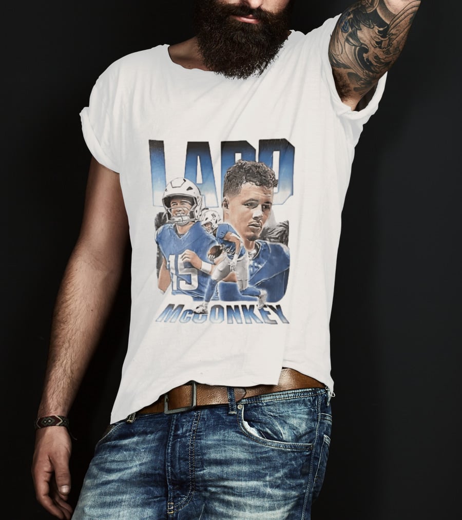 Ladd McConkey Number 15 Football Player Blue Jersey Collage T-Shirt