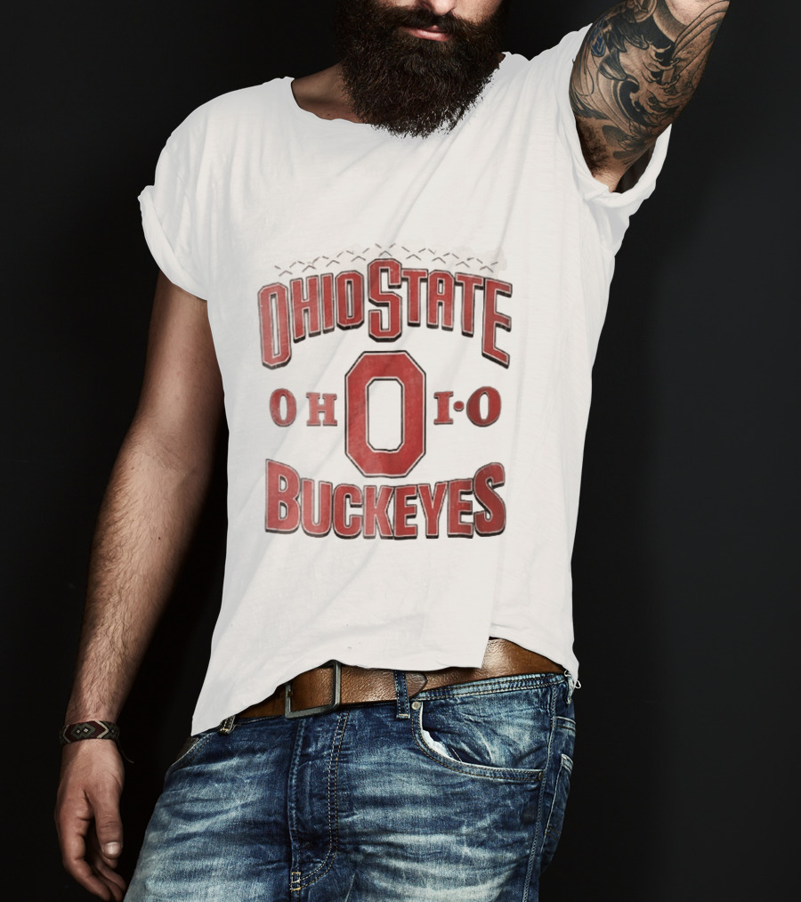 Ohio State Buckeyes NCAA Ohio Block Letter Red Football Laces Arch T-Shirt