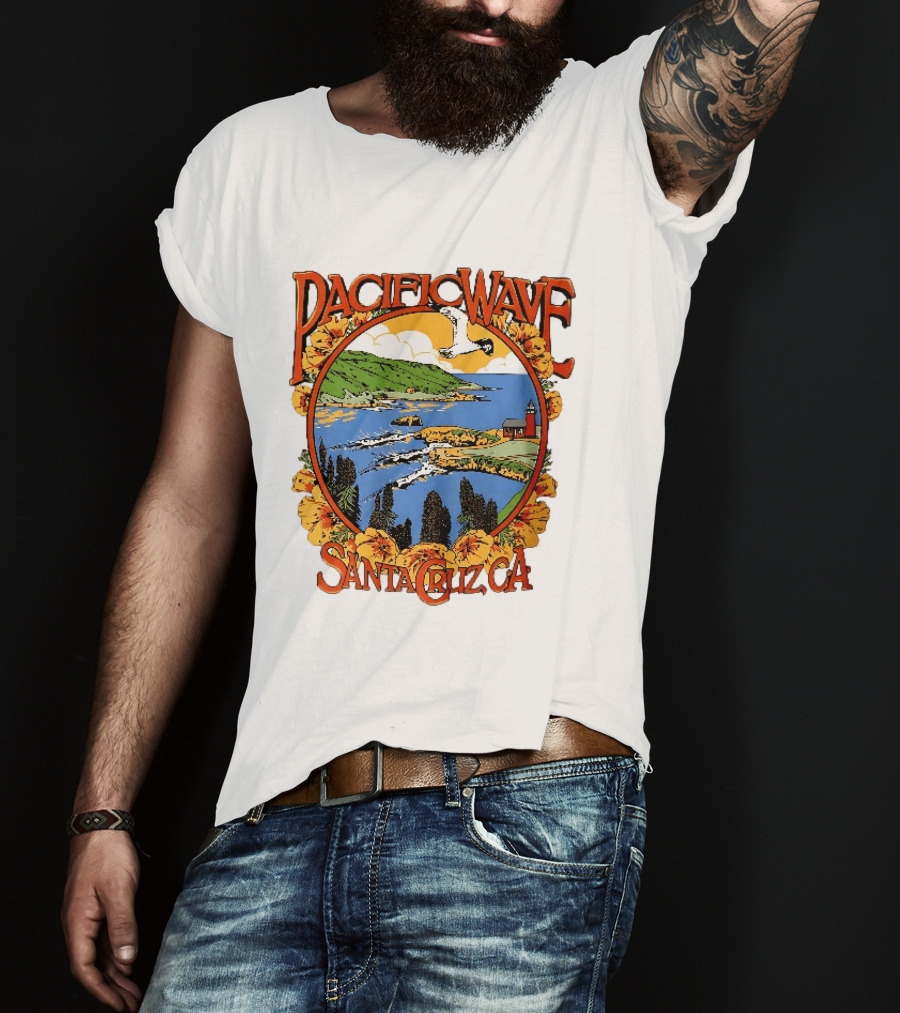 Pacific Wave Santa Cruz CA Coastal Lighthouse Ocean Seagull Flowers Scenic T-Shirt