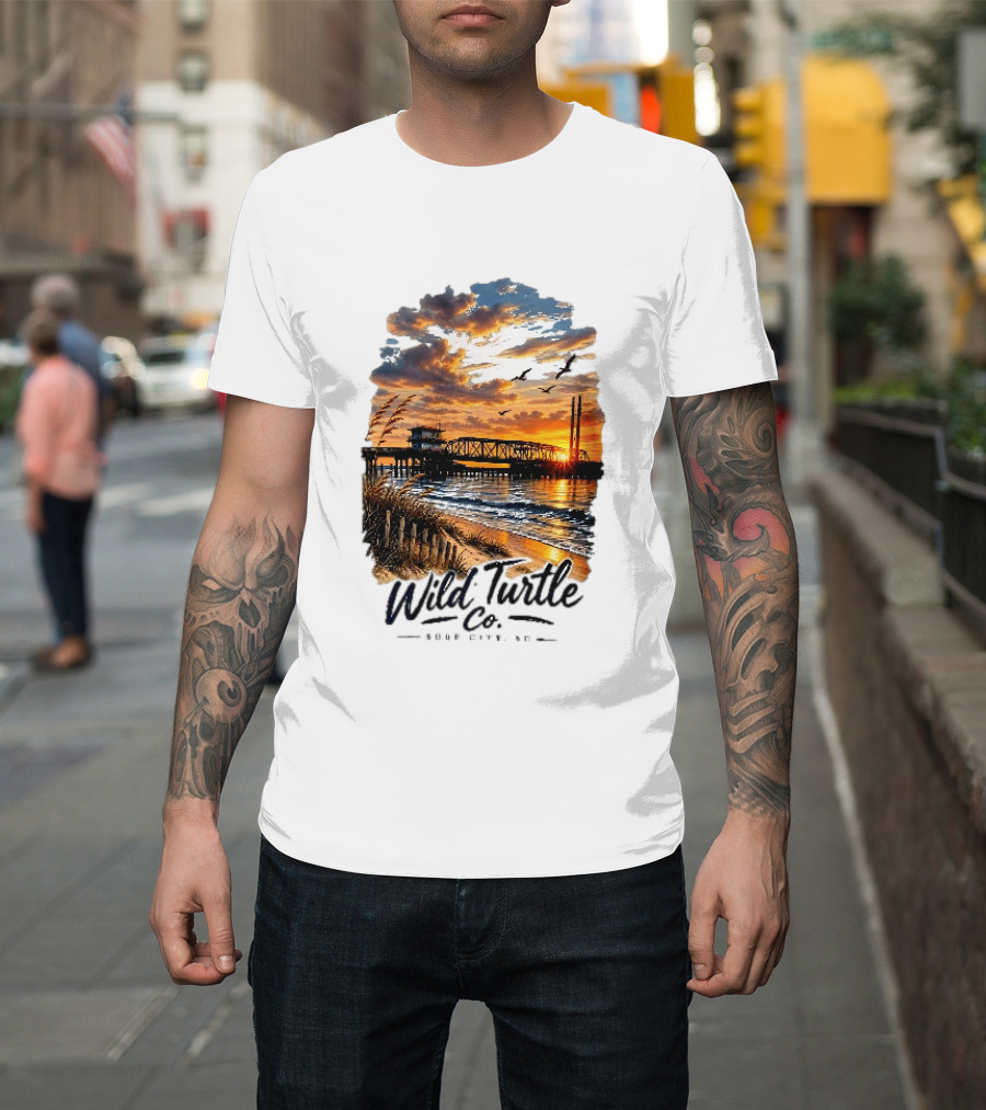 Wild Turtle Co Surf City NC Beach Dunes Pier Sunset Flying Birds T-Shirt