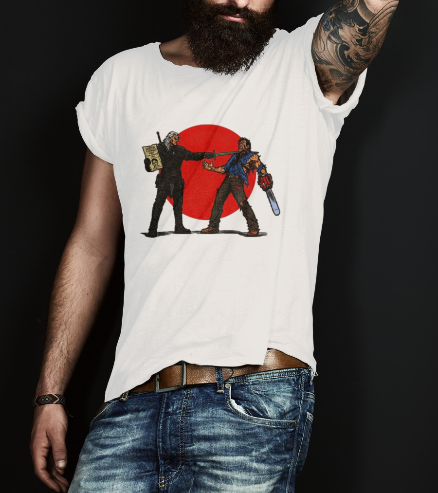 Geralt Vs Ash Evil Dead Or Alive Red Circle Showdown T-Shirt