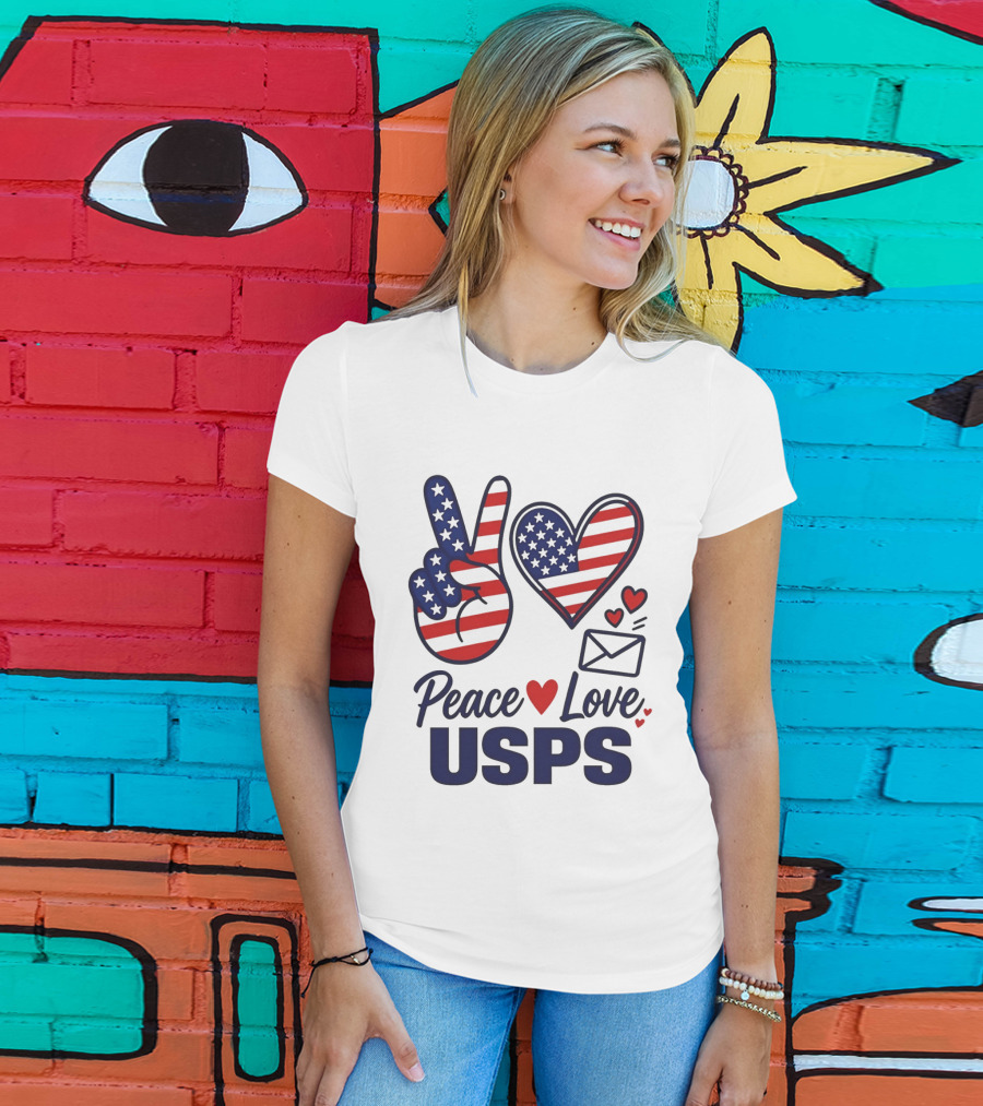 Peace Love USPS American Flag Heart And Mail T-Shirt