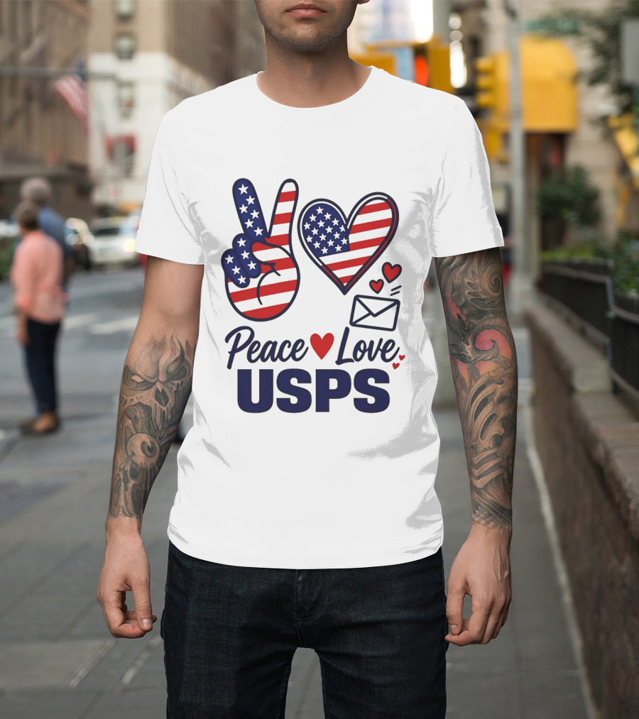 Peace Love USPS American Flag Heart And Mail T-Shirt