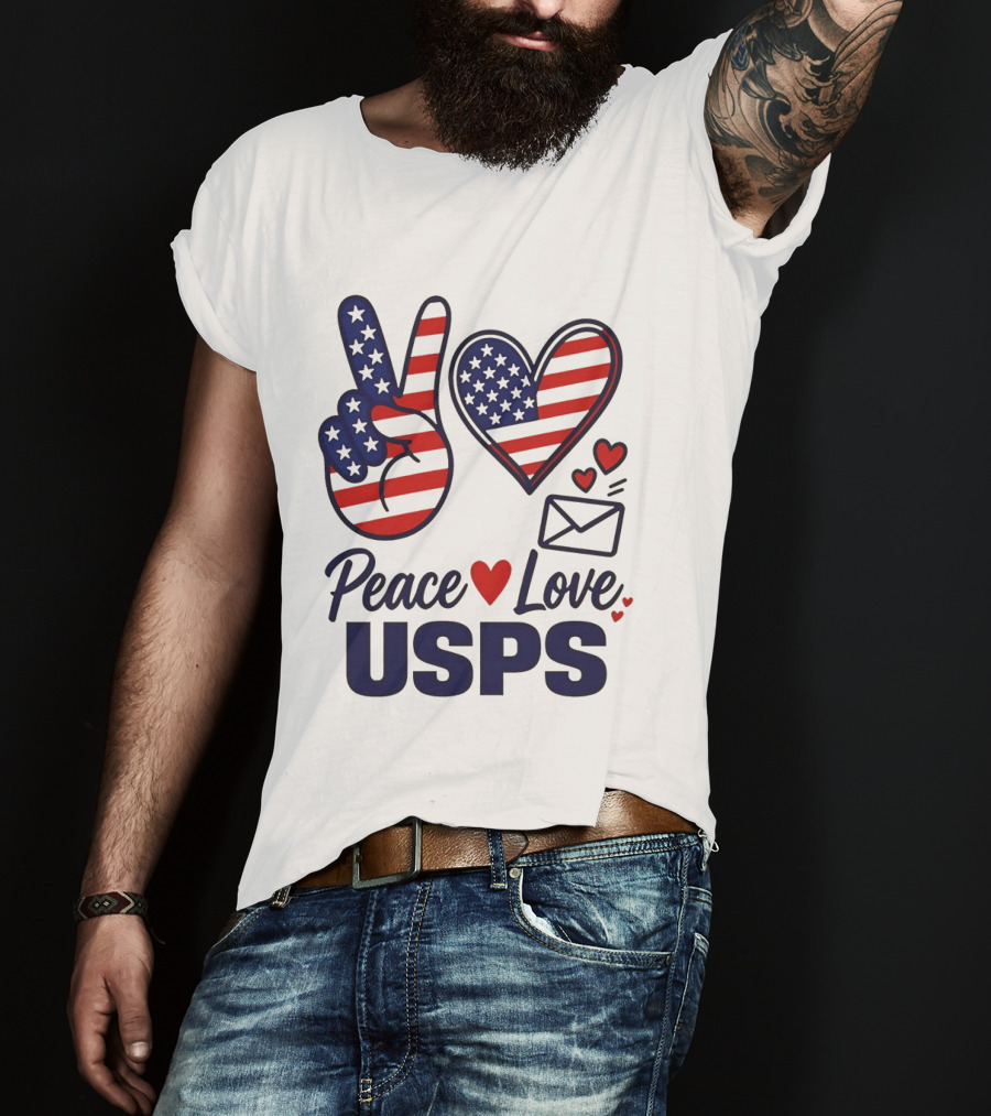 Peace Love USPS American Flag Heart And Mail T-Shirt