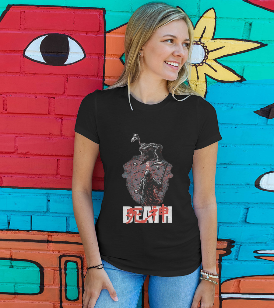 Grim Reaper Death Rider Japanese Kanji Skulls Scythe T-Shirt