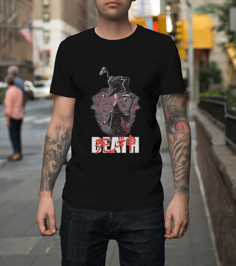 Grim Reaper Death Rider Japanese Kanji Skulls Scythe T-Shirt