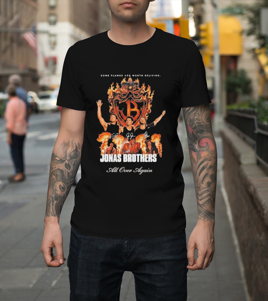 Jonas Brothers Some Flames Are Worth Beliving Tour Flame Signatures All Over Again T-Shirt