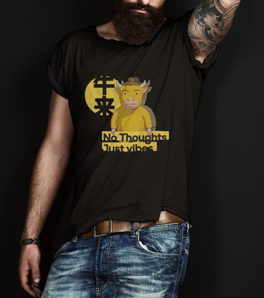 Niu Lai No Thoughts Just Vibes Yellow Cow Humor T-Shirt