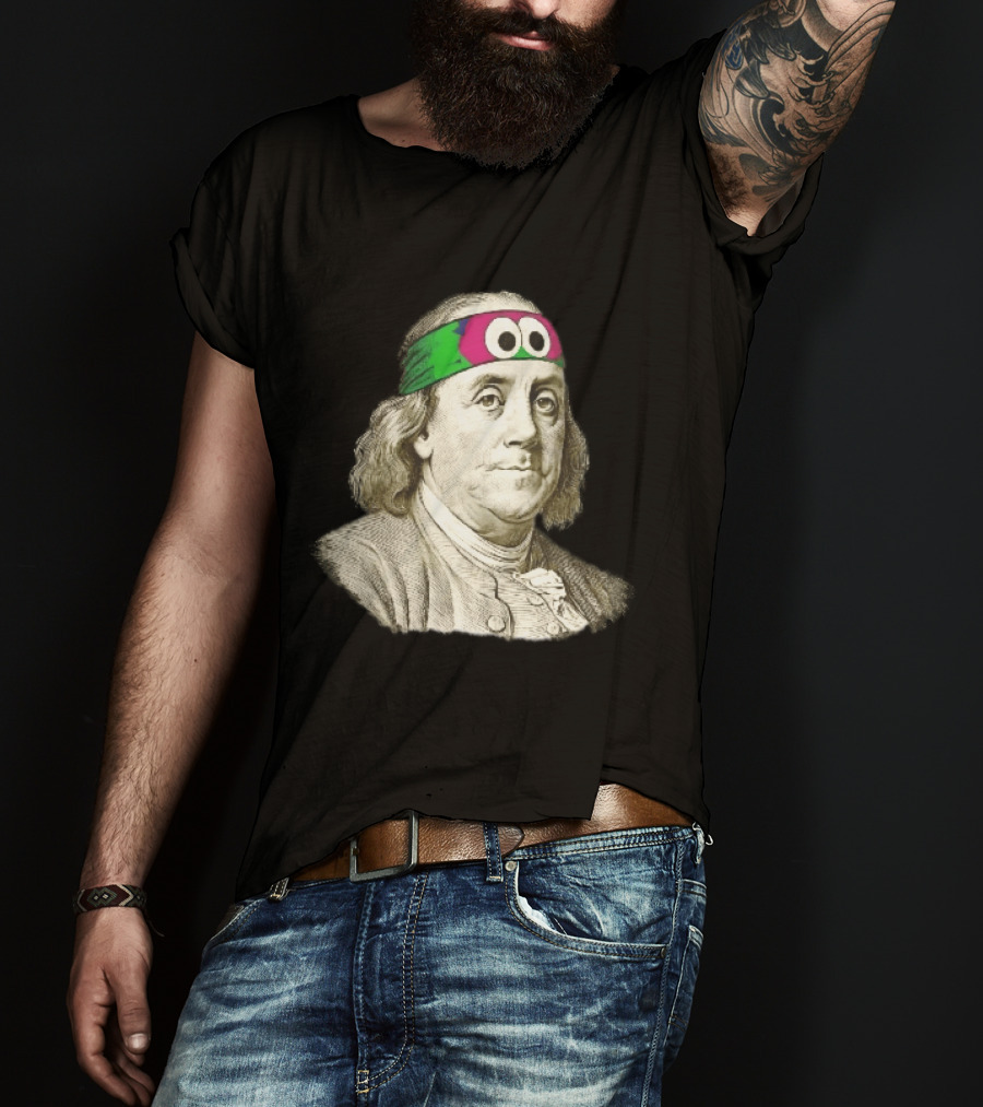Benjamin Franklin Cartoon With Colorful Ninja Headband And Googly Eyes T-Shirt