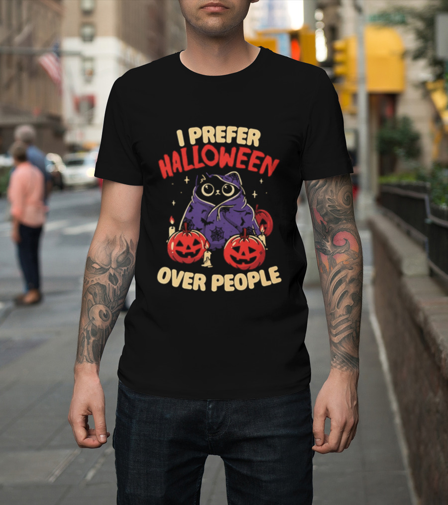 I Prefer Halloween Over People Black Cat Pumpkin Candles T-Shirt