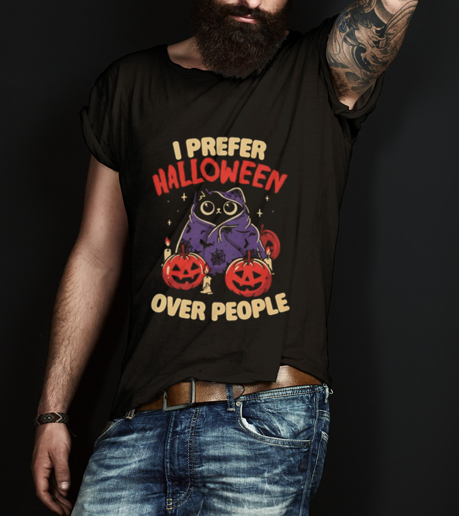 I Prefer Halloween Over People Black Cat Pumpkin Candles T-Shirt