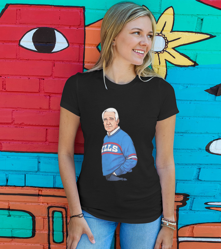 Buffalo Bills Coach Marv Levy Caricature In Blue Sweater With Team Name T-Shirt