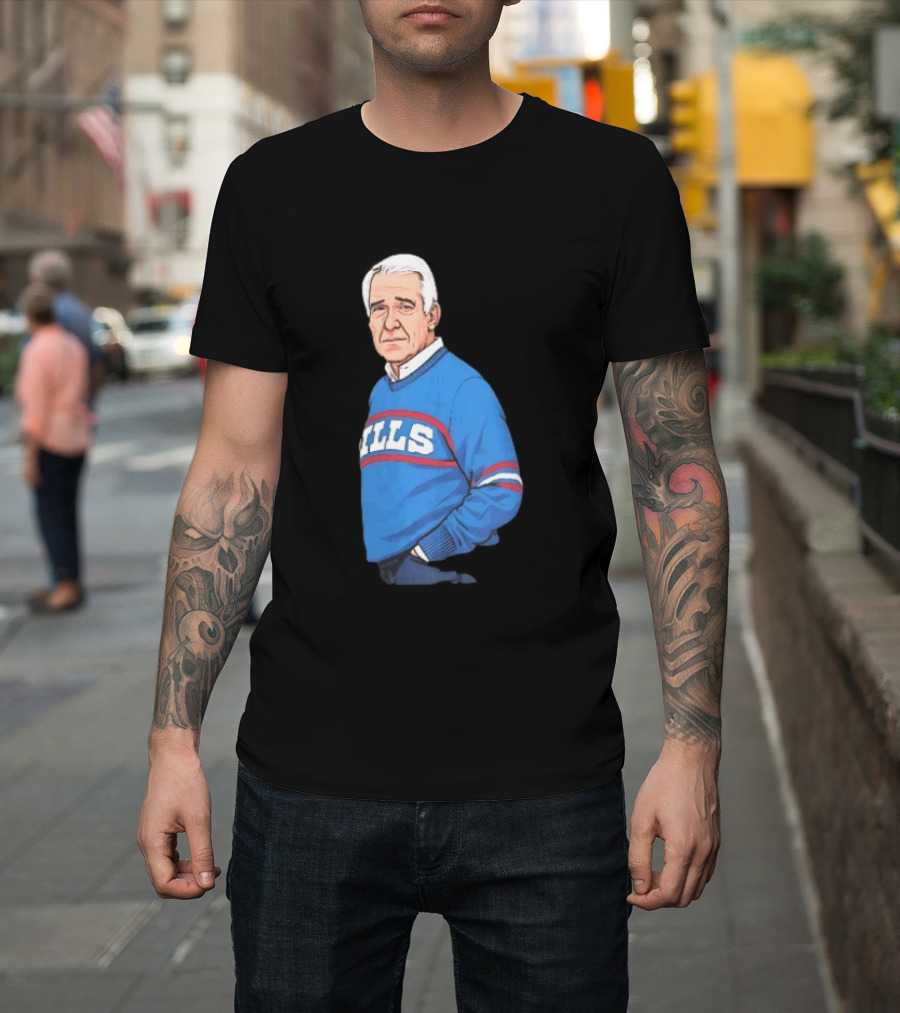 Buffalo Bills Coach Marv Levy Caricature In Blue Sweater With Team Name T-Shirt
