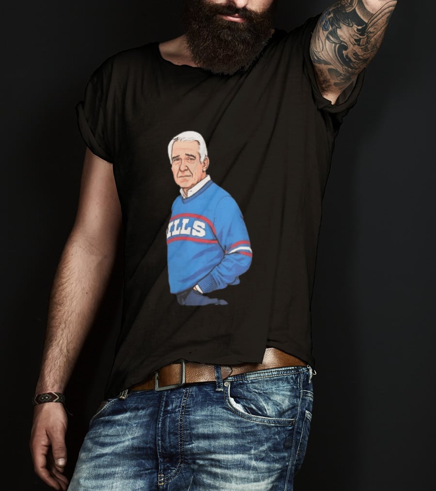 Buffalo Bills Coach Marv Levy Caricature In Blue Sweater With Team Name T-Shirt