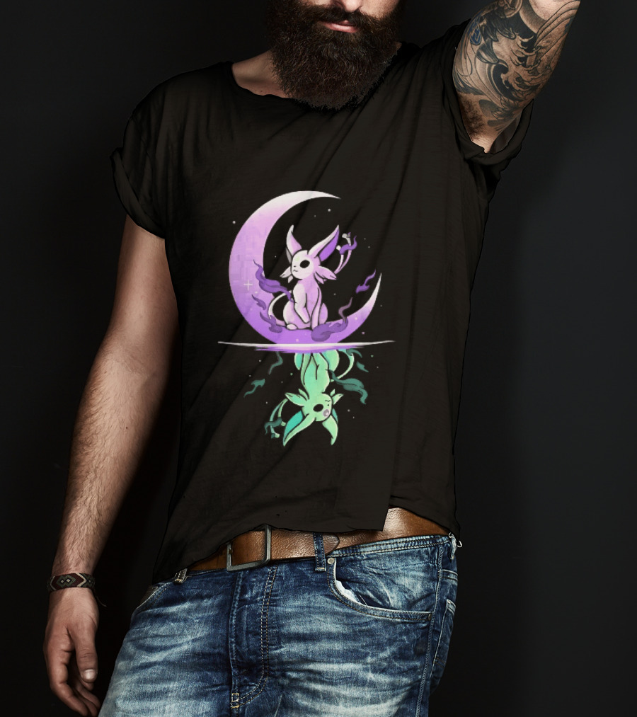 Cartoon Purple Espeon On Crescent Moon With Green Reflection T-Shirt