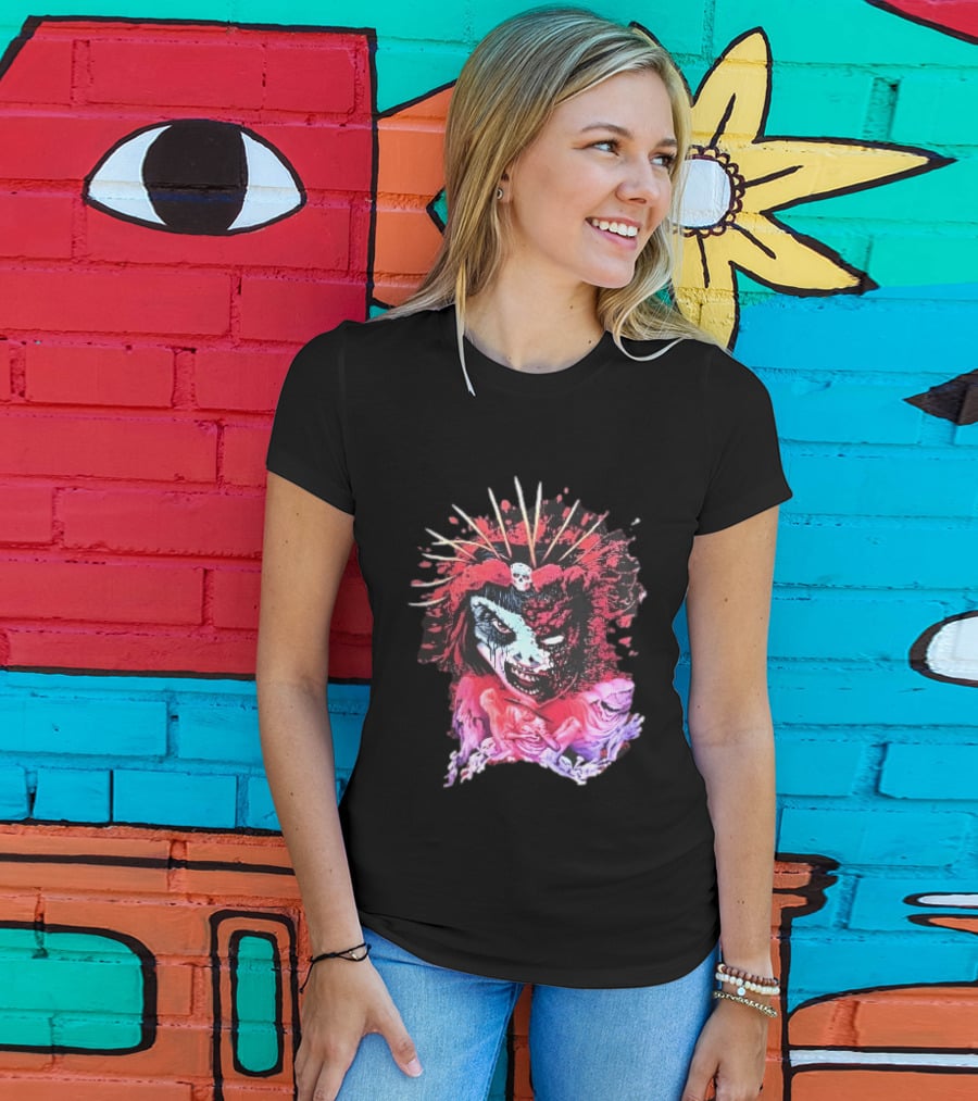 Demonic Japanese Geisha Skull Crown With Red Paint Splatter And Floral T-Shirt