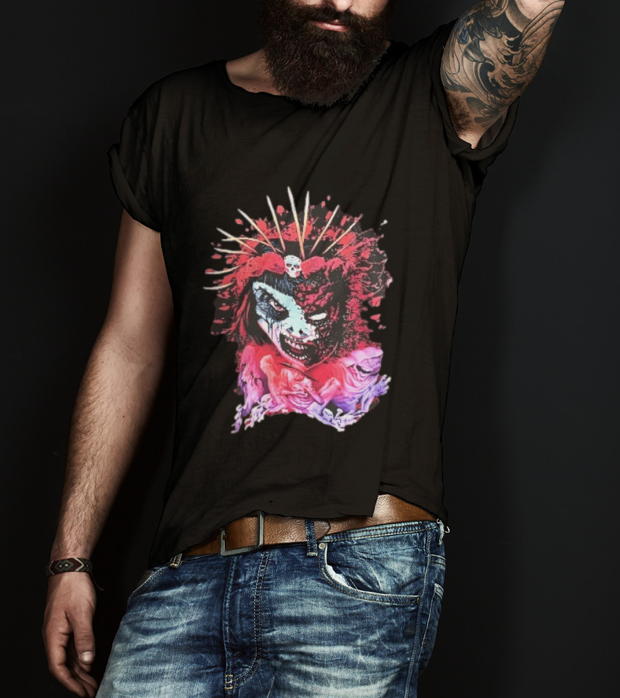 Demonic Japanese Geisha Skull Crown With Red Paint Splatter And Floral T-Shirt