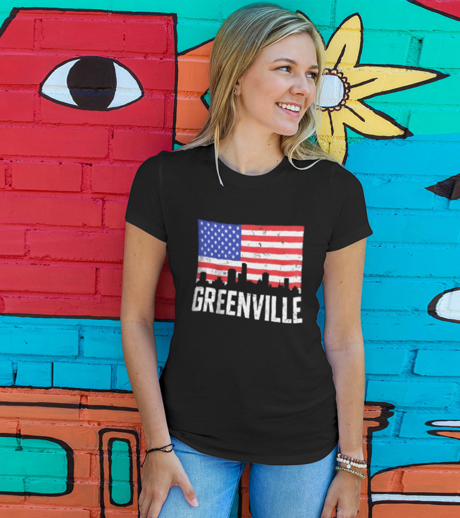 Greenville Skyline American Flag Cityscape T-Shirt