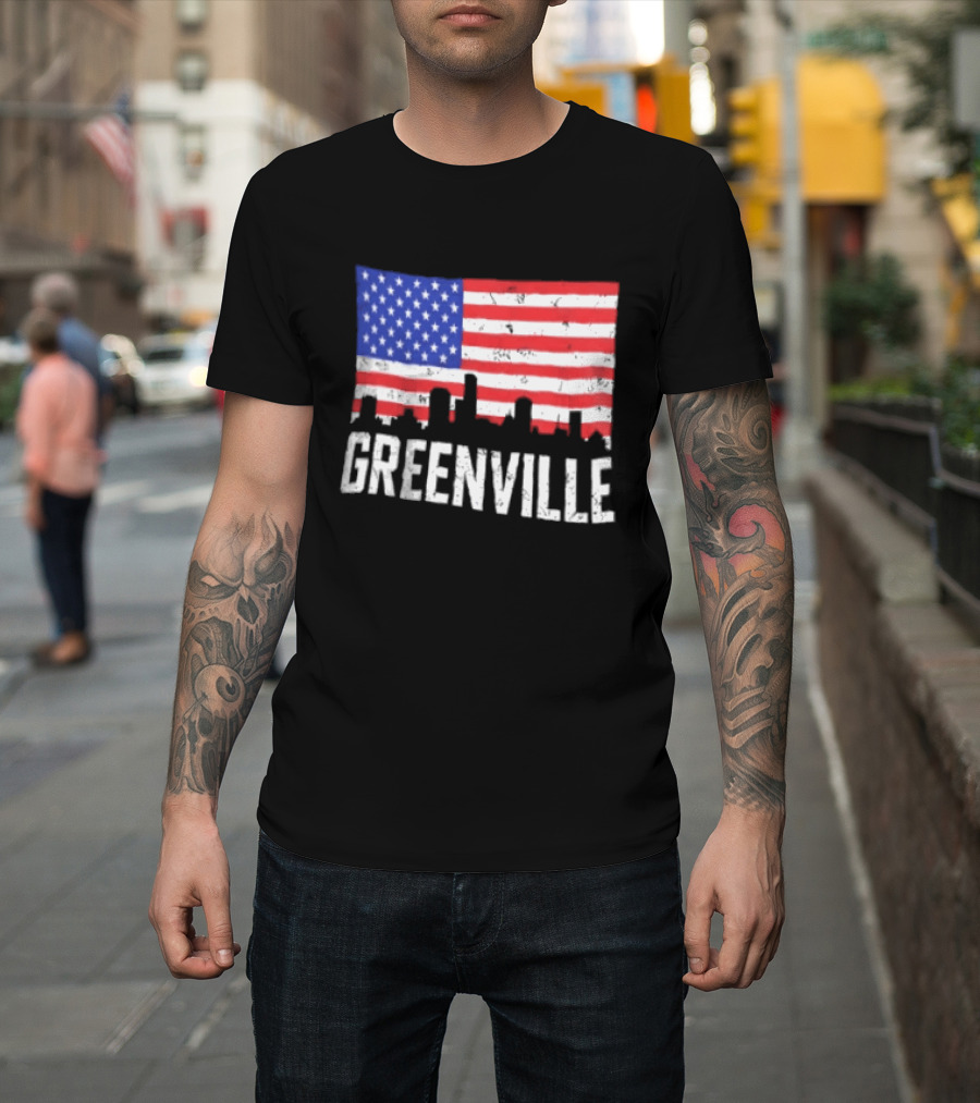 Greenville Skyline American Flag Cityscape T-Shirt