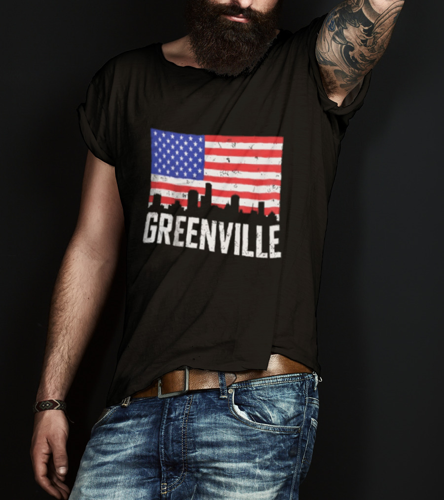 Greenville Skyline American Flag Cityscape T-Shirt