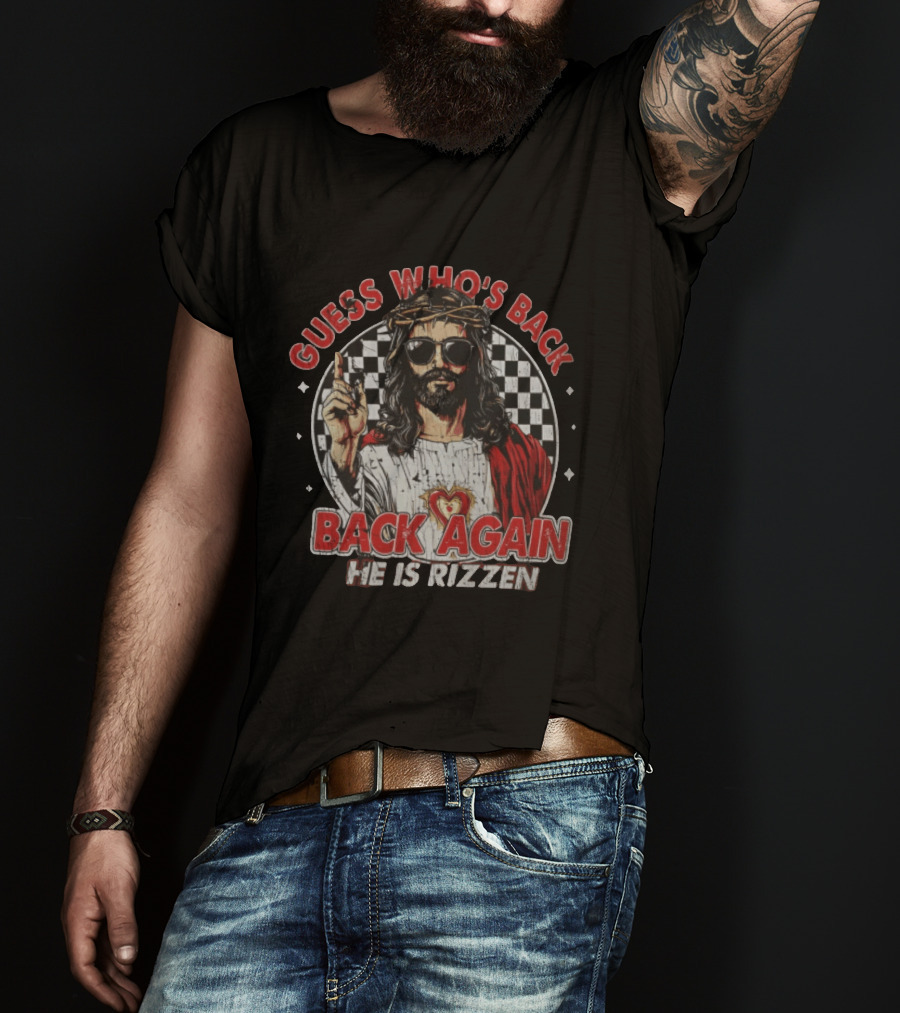 Guess Who's Back Back Again He Is Rizzen Jesus Retro Sunglasses And Red Cloak T-Shirt