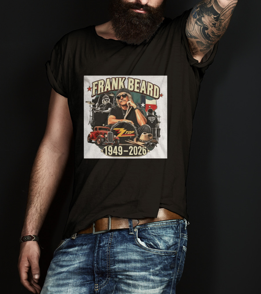 Frank Beard ZZ Top Rock Texas Drummer 1949 2026 Vintage Car And Drumsticks T-Shirt