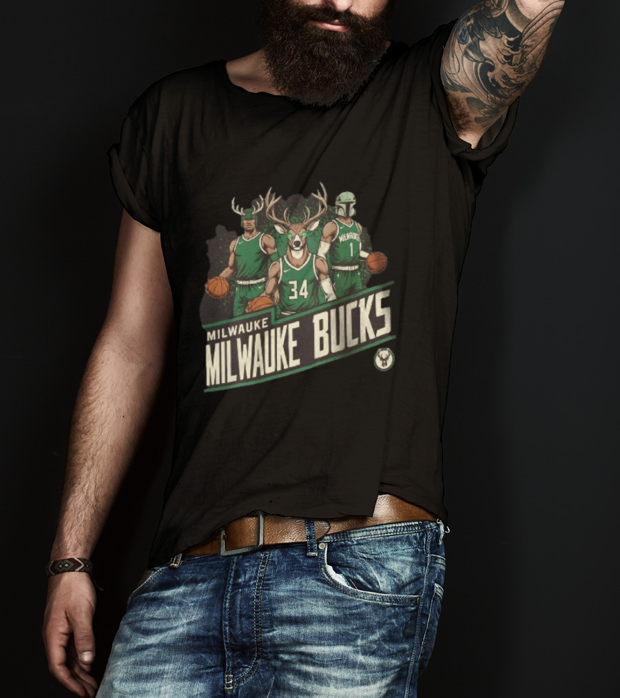 Milwaukee Bucks NBA Antler Helmet Buck Head Mandalorian Basketball Players T-Shirt