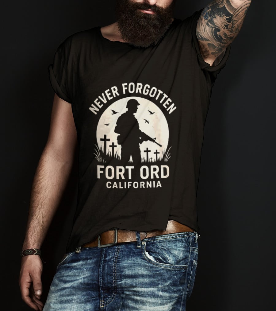 Never Forgotten Fort Ord California Soldier Moon Crosses Birds T-Shirt