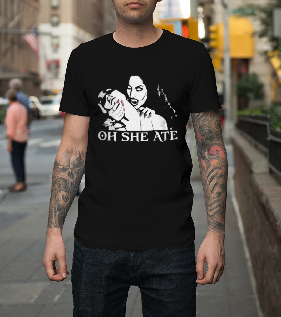 Oh She Ate Female Vampire Biting Neck Red Nails Stencil T-Shirt