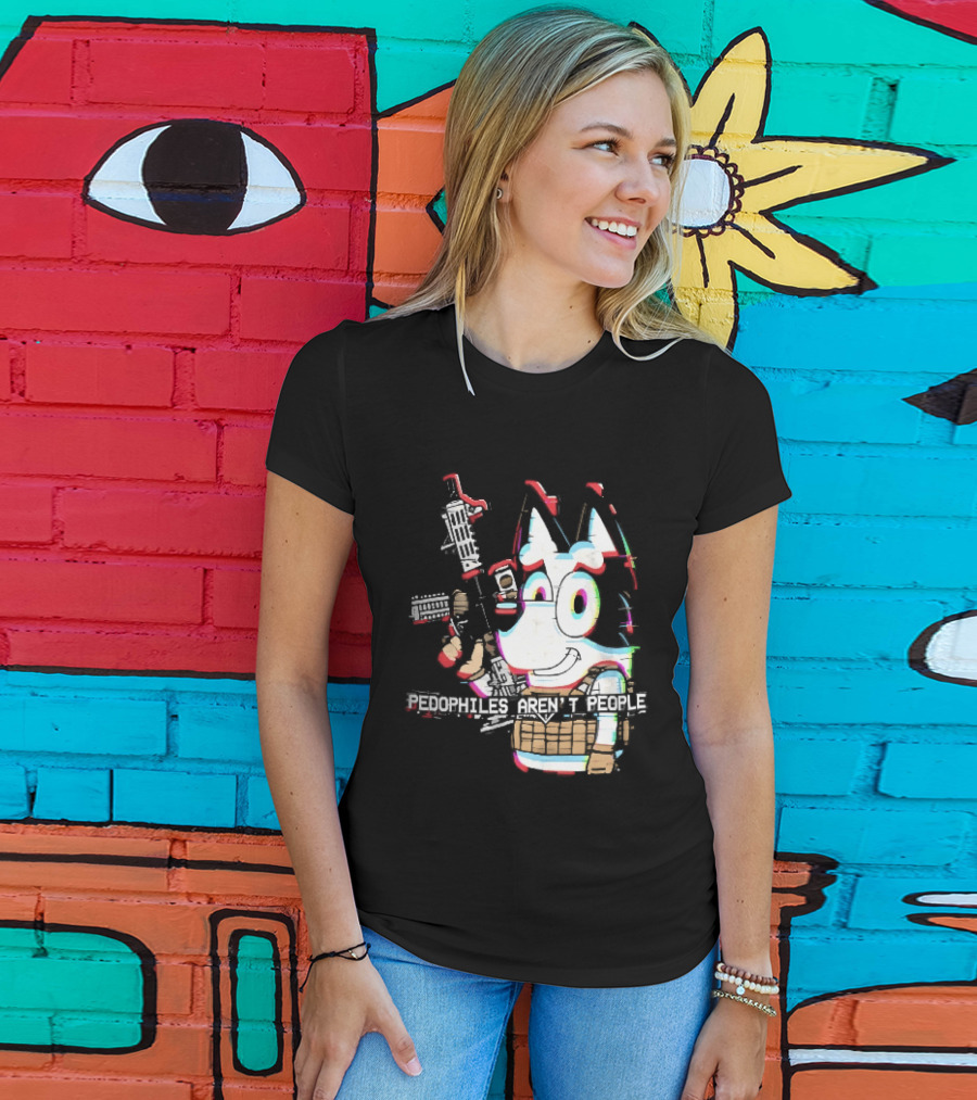 Pedophiles Aren't People Cartoon Dog Tactical Vest Assault Rifle Glitch Effect T-Shirt