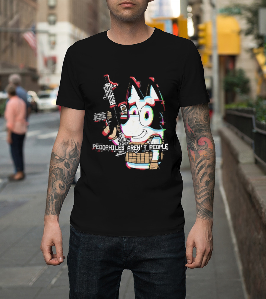 Pedophiles Aren't People Cartoon Dog Tactical Vest Assault Rifle Glitch Effect T-Shirt