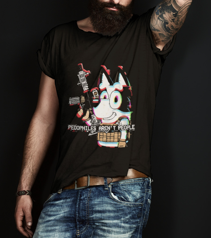 Pedophiles Aren't People Cartoon Dog Tactical Vest Assault Rifle Glitch Effect T-Shirt