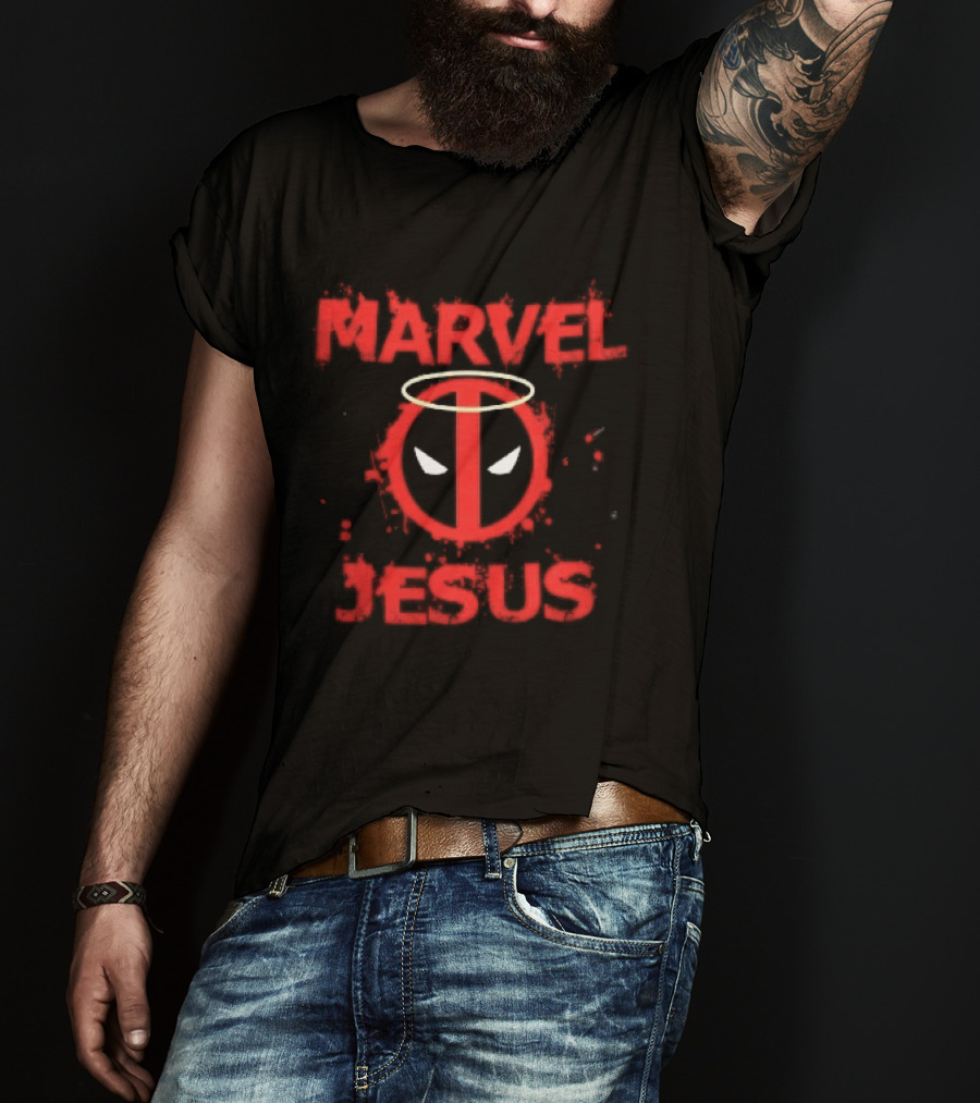 Marvel Jesus Distressed Deadpool Mask Yellow Halo Splatter T-Shirt