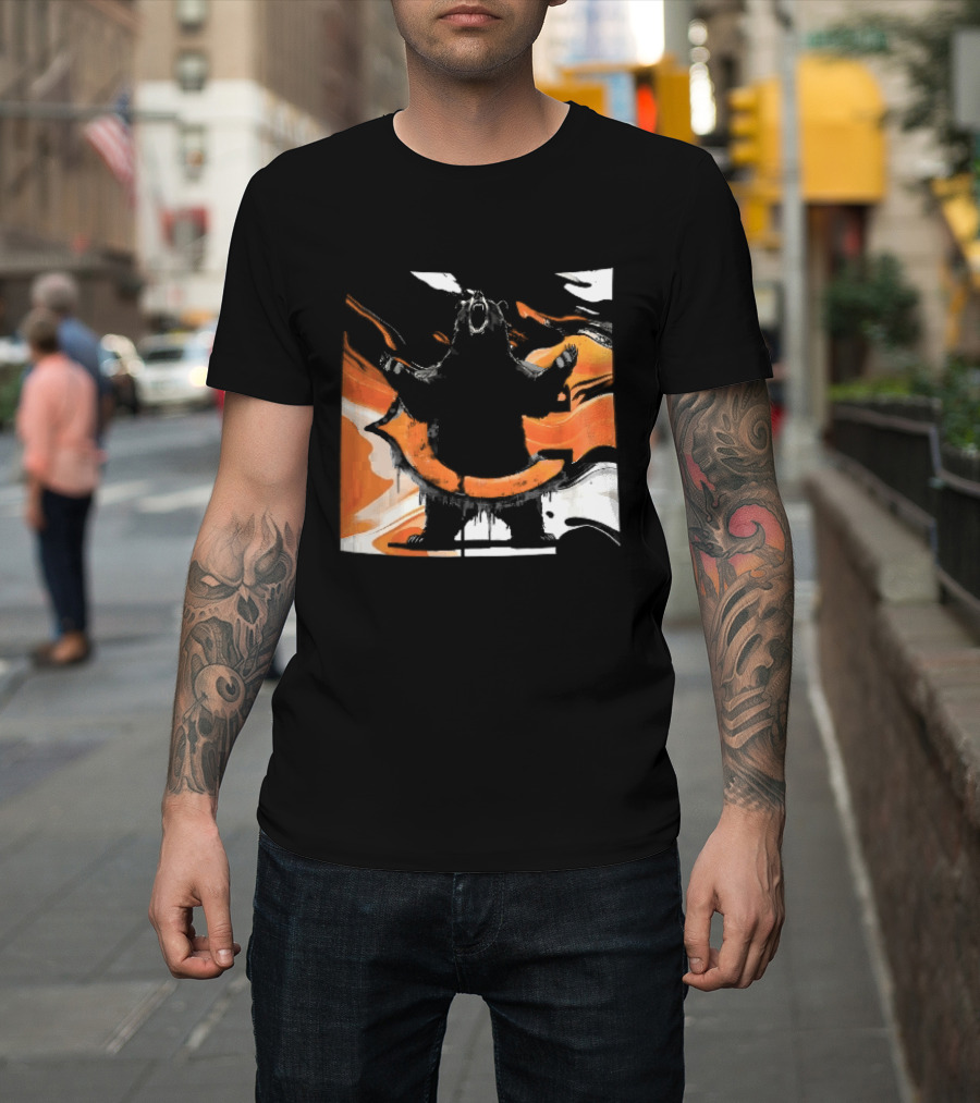 Roaring Black Bear Orange Liquid Swirls Dripping Banner T-Shirt