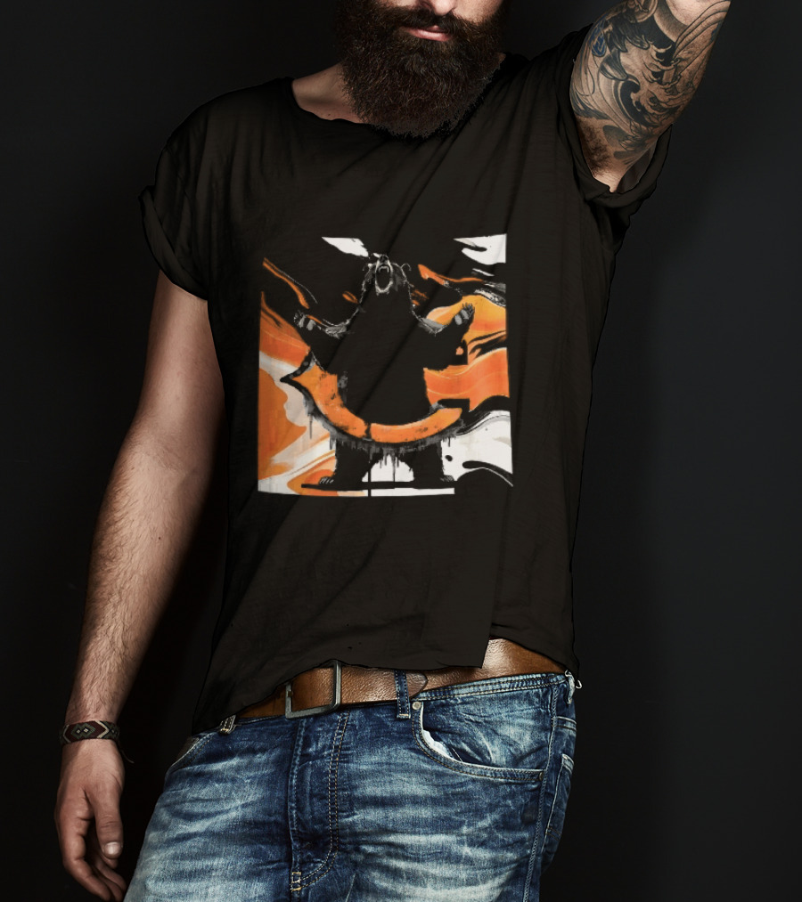 Roaring Black Bear Orange Liquid Swirls Dripping Banner T-Shirt