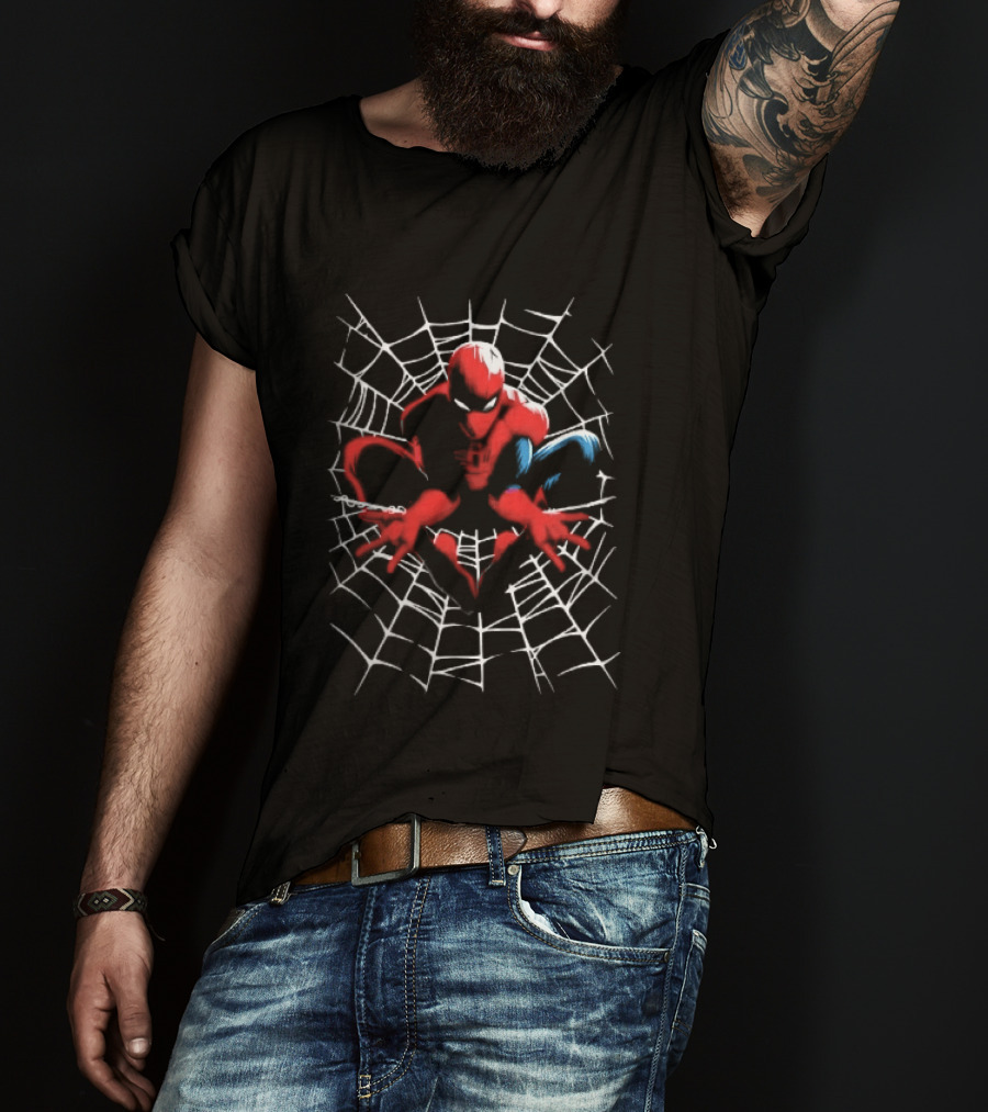Marvel Spider Man Crouching Red Blue White Web Black T-Shirt