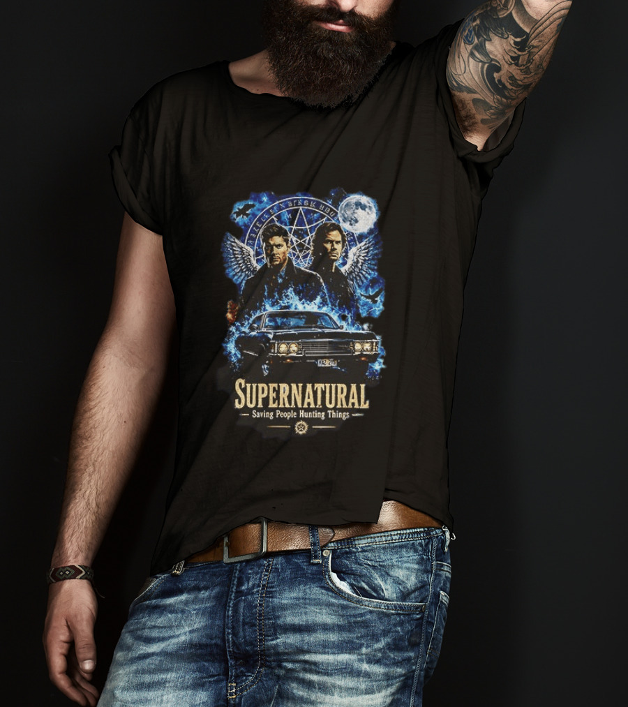 Supernatural Saving People Hunting Things Sam Dean Winchester Angelic Wings Moon Impala T-Shirt