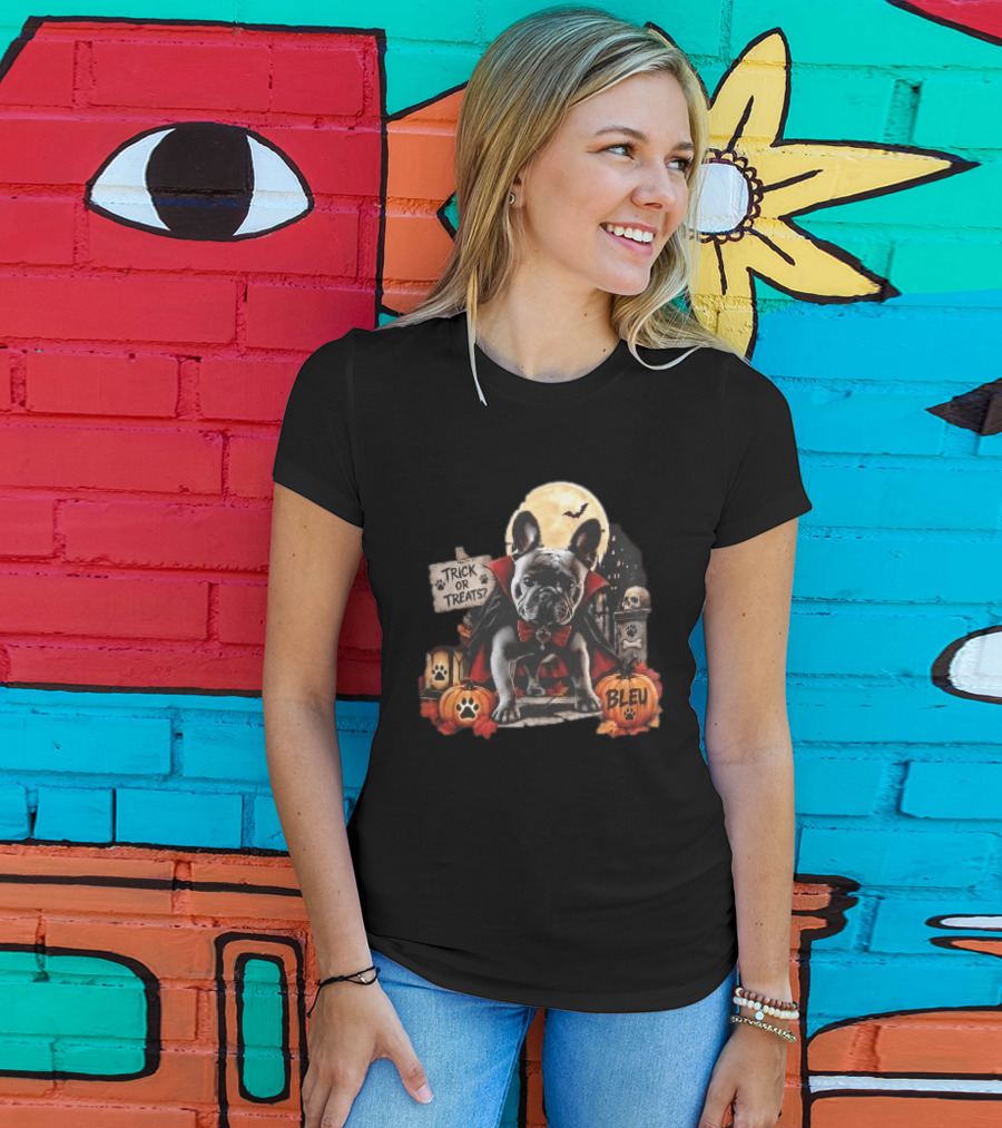 Trick Or Treats Bleu French Bulldog Vampire Cape Moon Pumpkins Halloween Scene T-Shirt