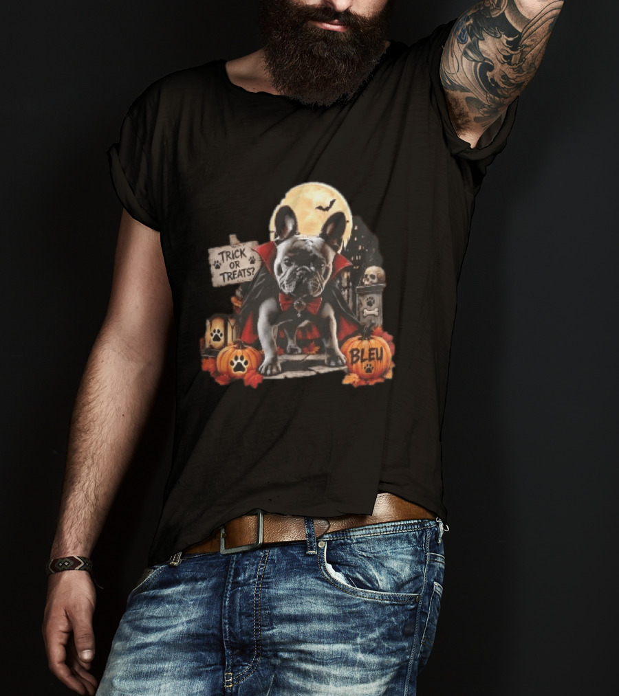 Trick Or Treats Bleu French Bulldog Vampire Cape Moon Pumpkins Halloween Scene T-Shirt