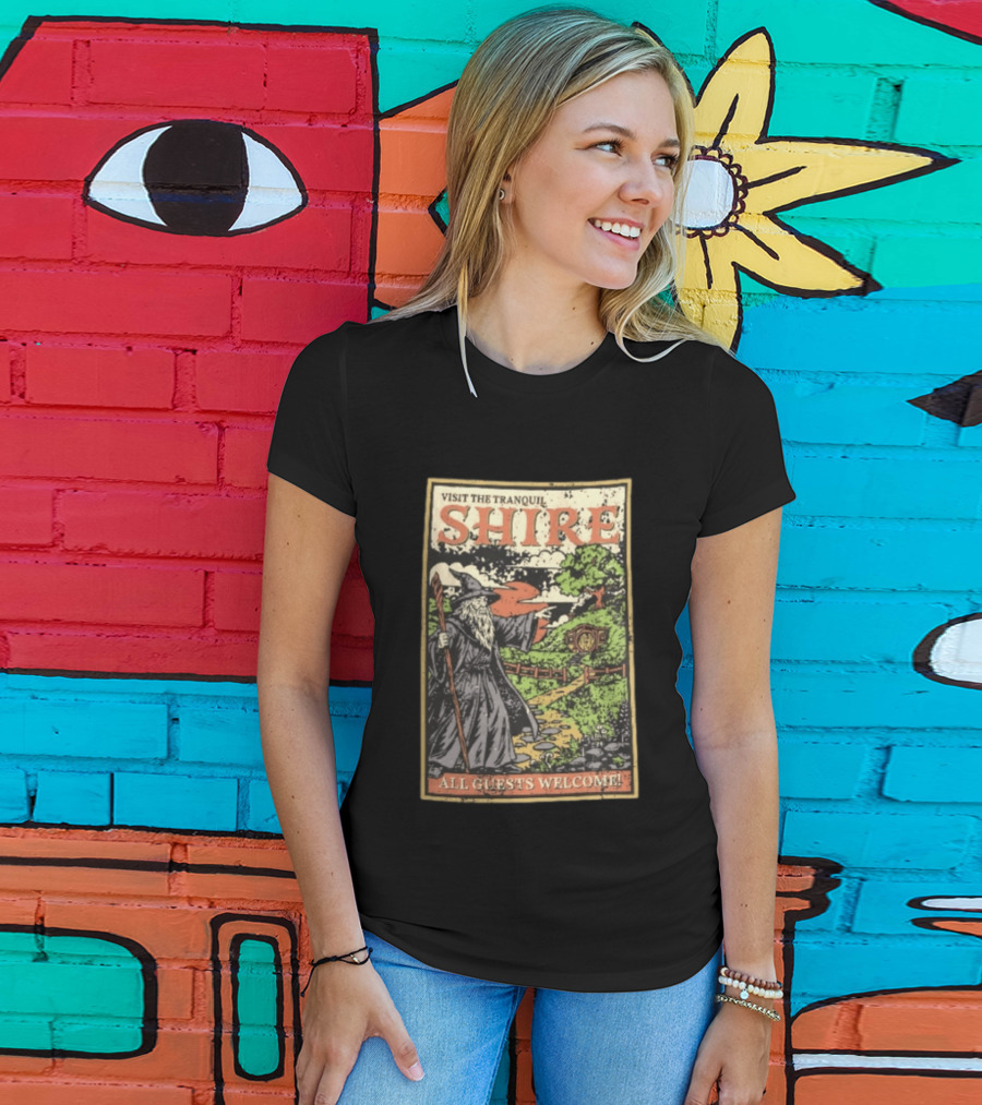 Visit The Tranquil Shire All Guests Welcome Gandalf Hobbit Hole Scene T-Shirt