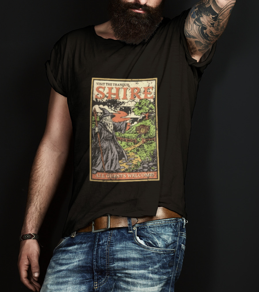 Visit The Tranquil Shire All Guests Welcome Gandalf Hobbit Hole Scene T-Shirt